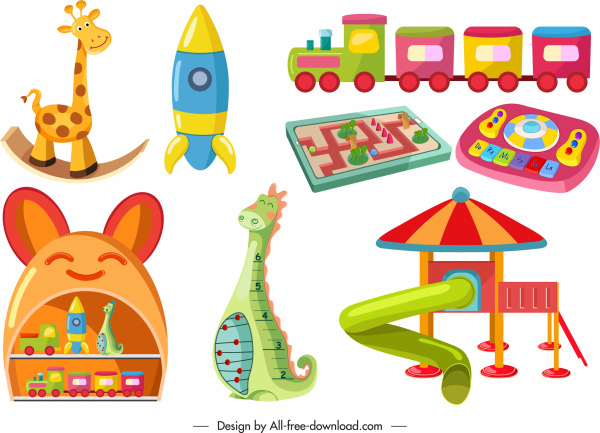 childhood toys icons colorful modern shapes