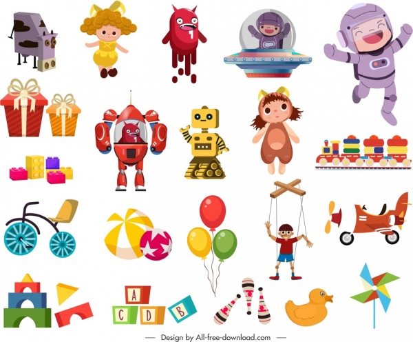 childhood toys icons colorful objects sketch