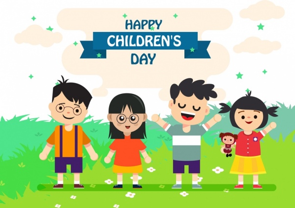 children day banner cute kids icons colored cartoon