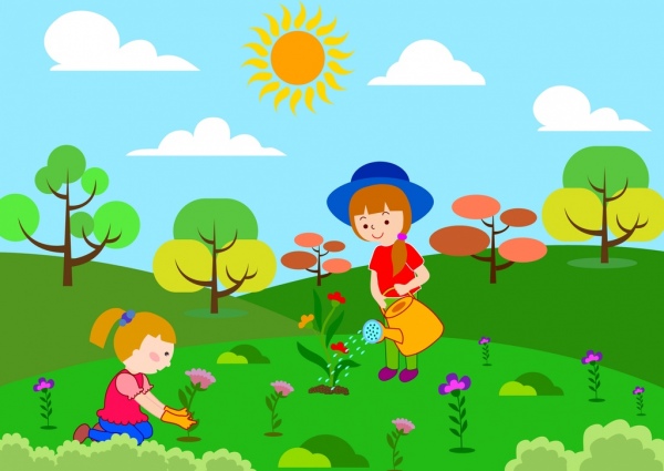 children planting flowers theme colorful cartoon sketch