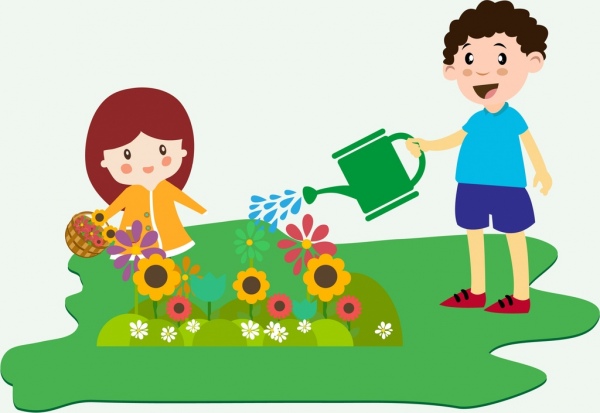 children planting flowers theme colorful design style