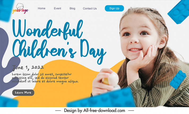childrens day landing page template realistic cute girl curves sketch