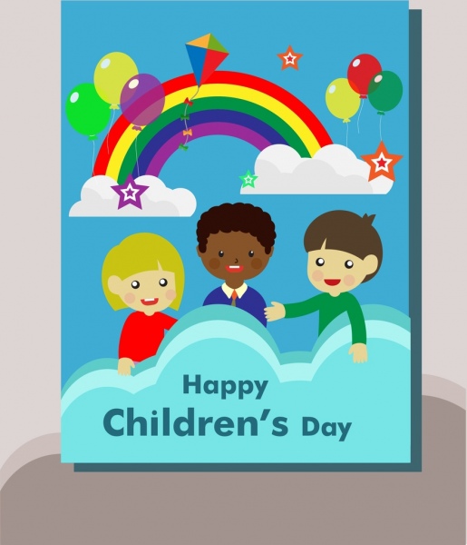 childrens day poster colorful rainbows balloons and kids 