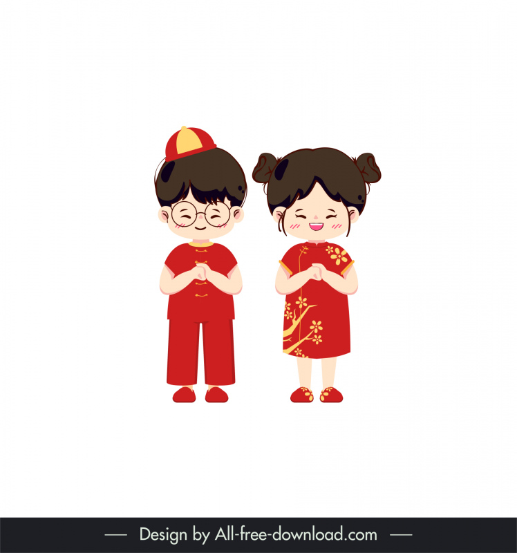 chinese lunar new year design elements boy   girl traditional costumes sketch 