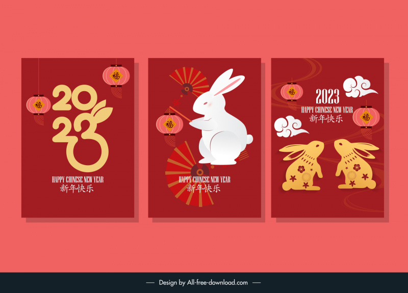 chinese new year posters templates stylized number rabbit oriental elements decor 