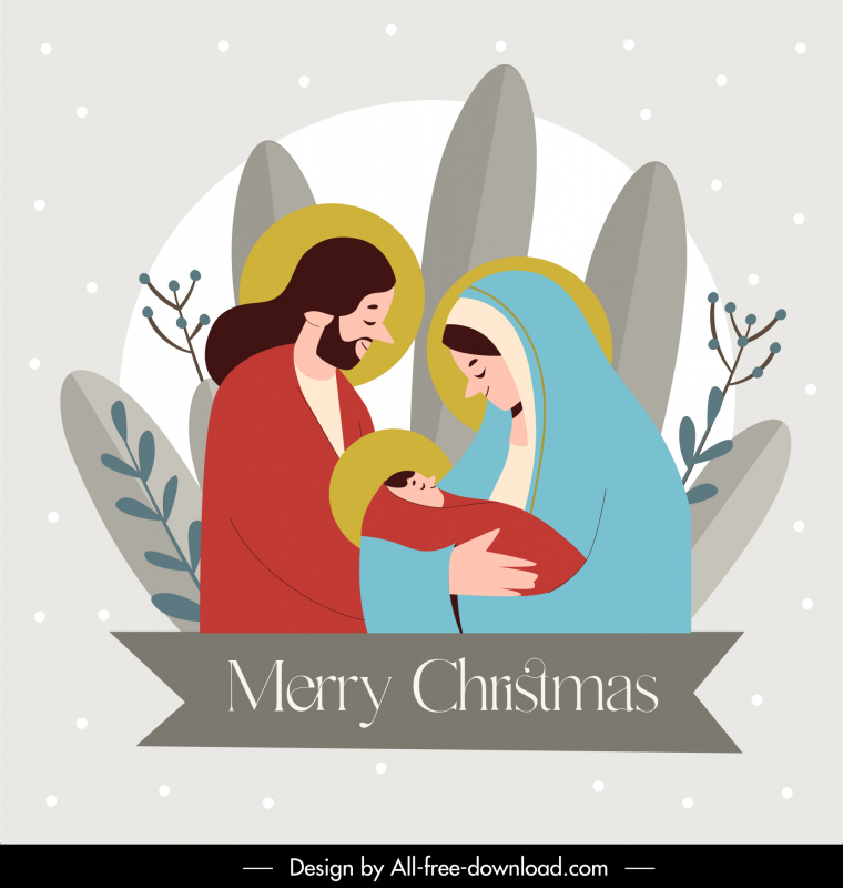 christian merry christmas card template flat classical cartoon newborn baby saints sketch