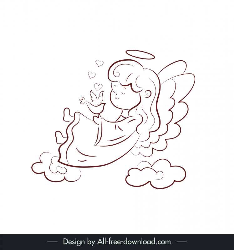 christmas angel icon winged girl bird hearts clouds sketch black white handdrawn outline 