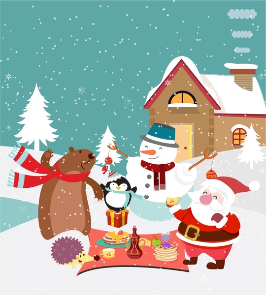 christmas background design with cute animals and santa