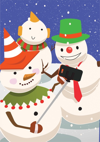 christmas background design with snowmen taking selfie