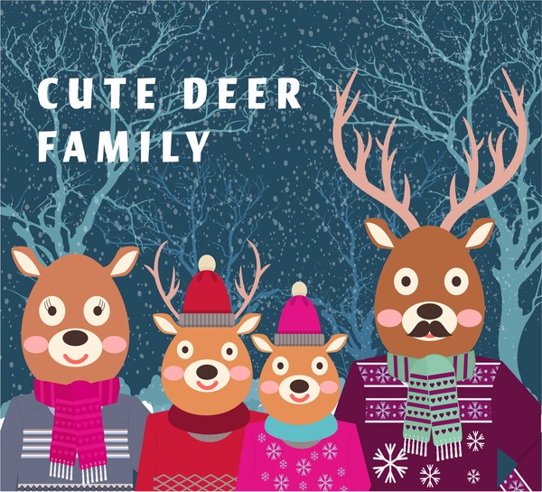christmas background illustration with cute stylized reindeer family