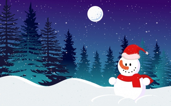 christmas background snowman moonlight snowy landscape decor
