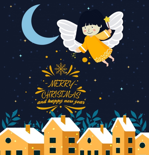 christmas banner angel crescent icons decor colored cartoon