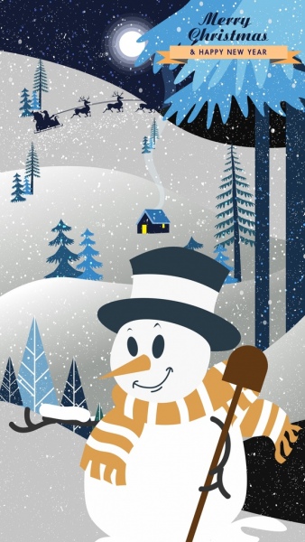 christmas banner snowman moonlight trees sleigh icons