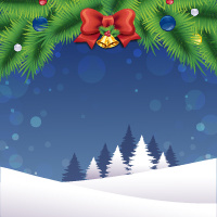 christmas bell with red bow and snow background