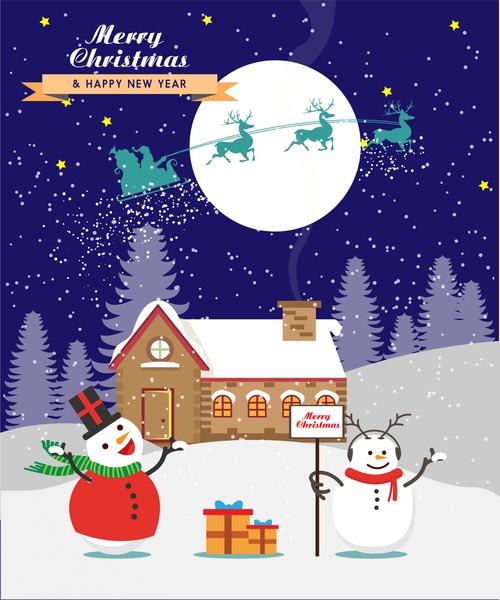 christmas card cover design snowmen in moonlight style