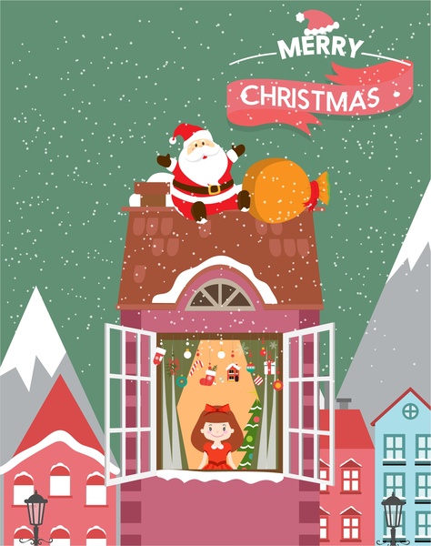 christmas card cover with santa claus delivering gifts