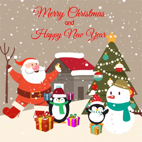 Christmas Card Design With Penguins And Santa Claus Vectors Graphic Art 