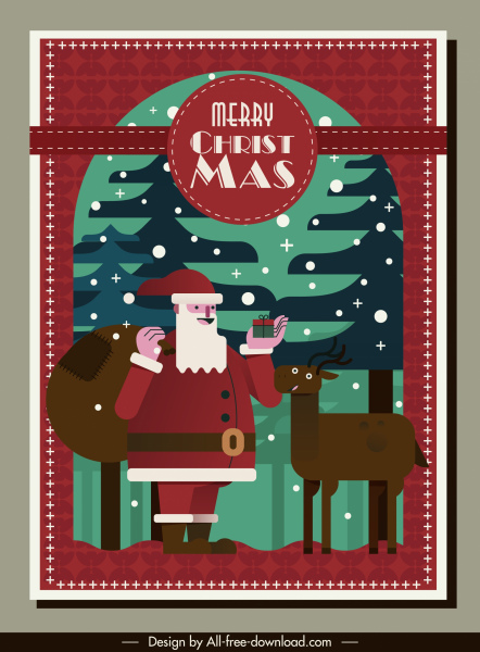 christmas card template classical santa claus reindeer sketch