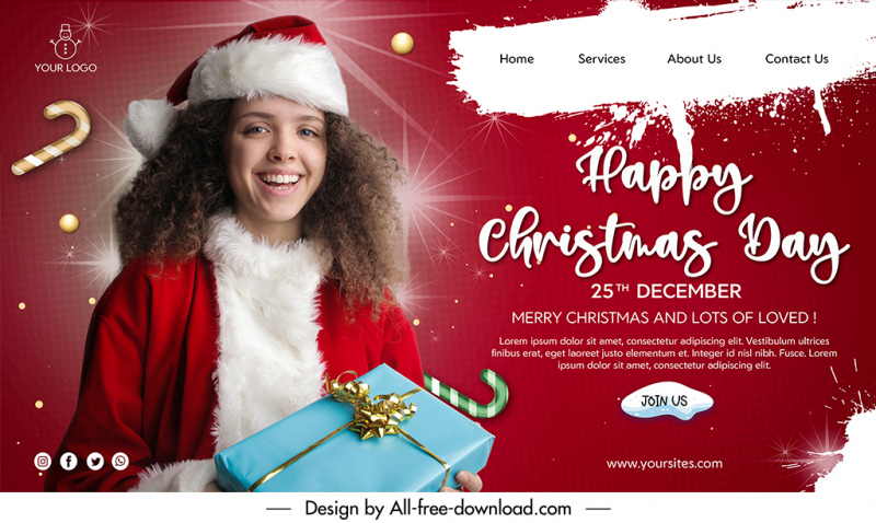 christmas day landing page template happy smiling lady sketch modern realistic dynamic design 