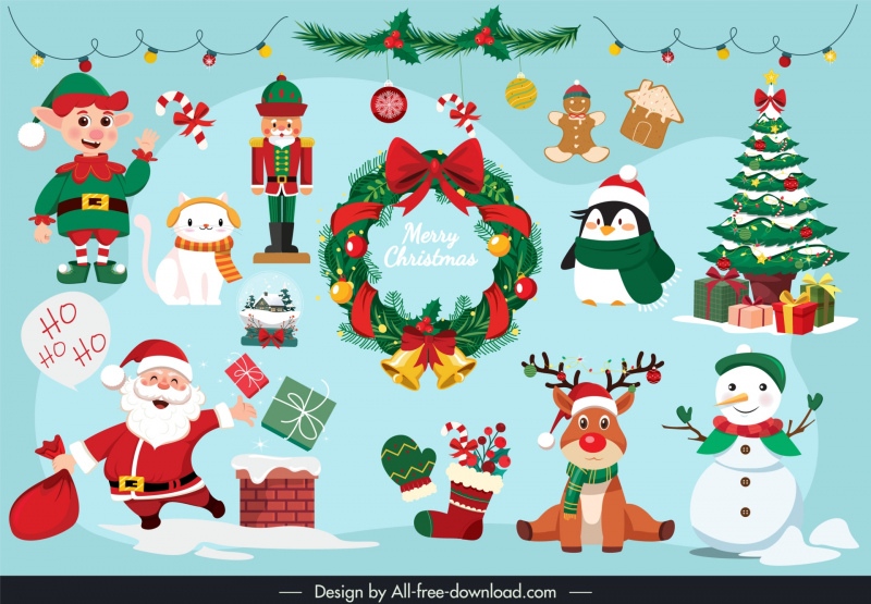  christmas decoration elements characters sets cute cartoon