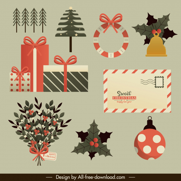 christmas design elements baubles gifts envelope flora sketch