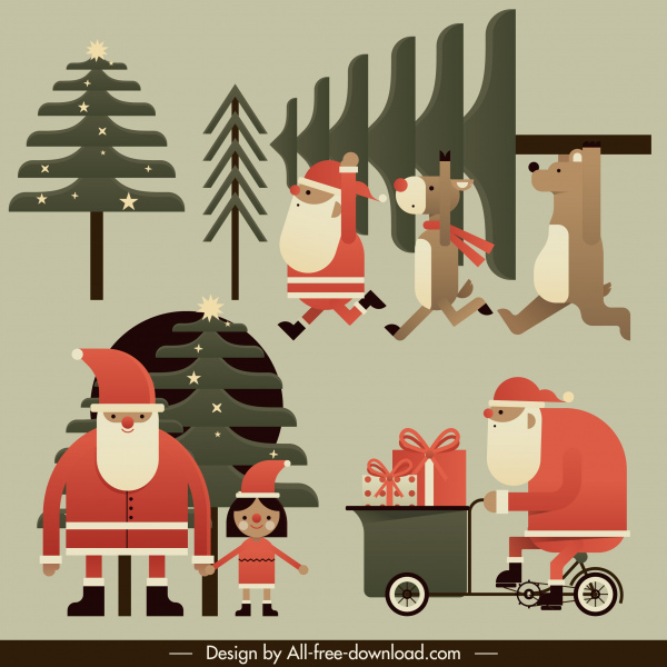christmas elements fir tree santa animals sketch