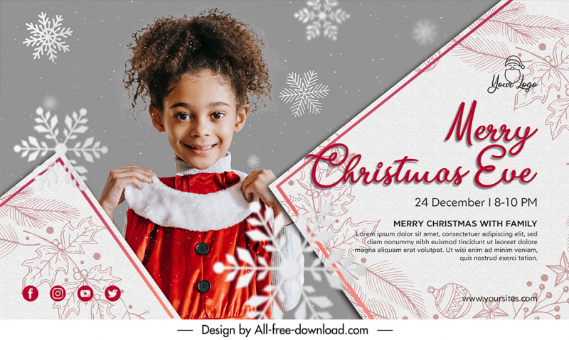 christmas eve banner template cute happy girl sketch xmas elements decor