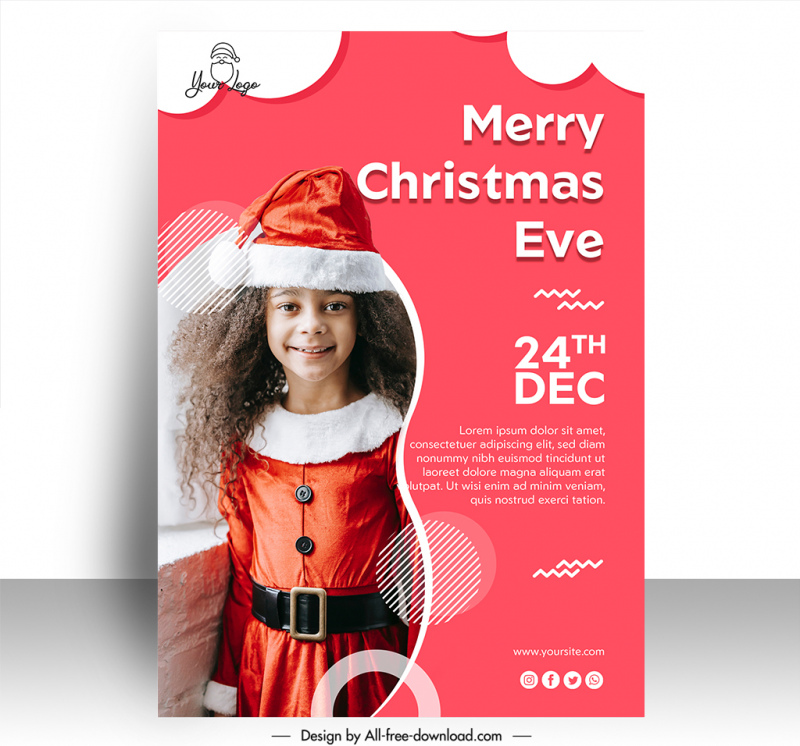 christmas eve poster template cute smiling girl xmas cotume sketch modern realistic design 