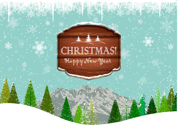 christmas frame on landscape background with tree and mountain 