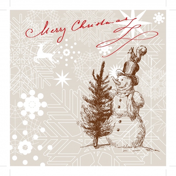christmas background snowman snowflakes fir tree handdrawn sketch