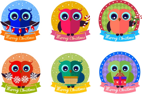 christmas label design elements isolated with owl illustration