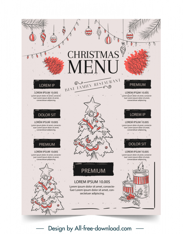 christmas menu  template flat handdrawn classic xmas elements