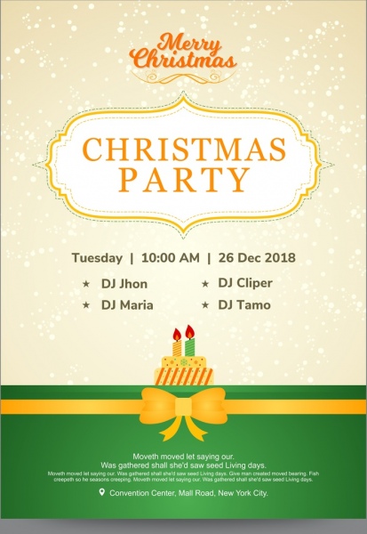 christmas party invitation card with cake and golden ribbon over green bottom border and beige snowfall background
