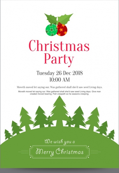 christmas party invitation poster or card with wine glasses having grey snowflake background and green bottom border with ornaments