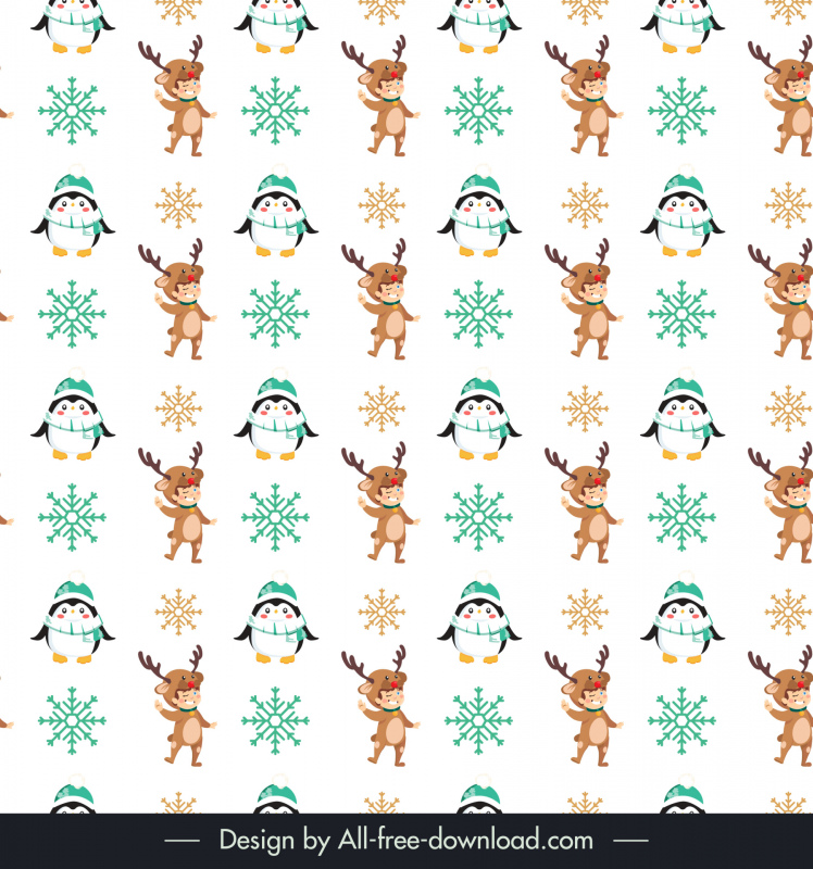 christmas  pattern template cute kid in reindeer costume stylized penguin sketch repeating cartoon design  
