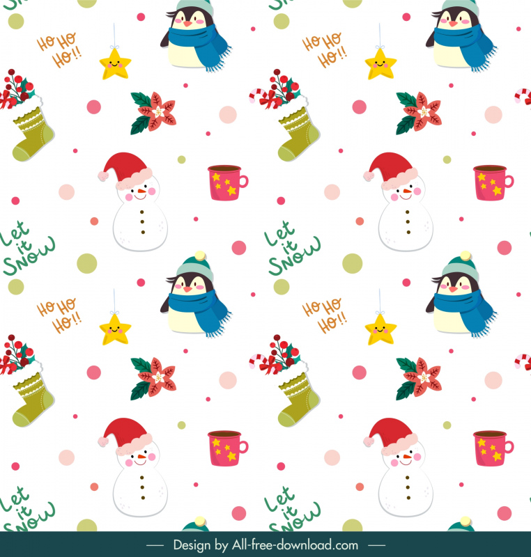 christmas pattern template hand drawn cute penguin snowman objects elements 