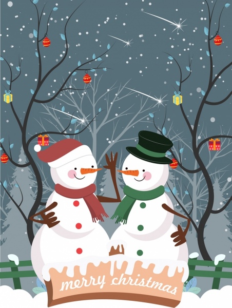 christmas poster snowman icons leafless trees outdoor snow
