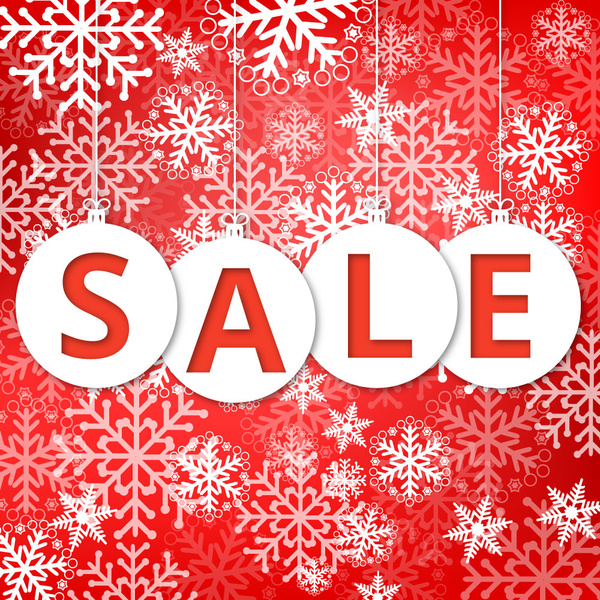 christmas sale poster with snowflakes and red background