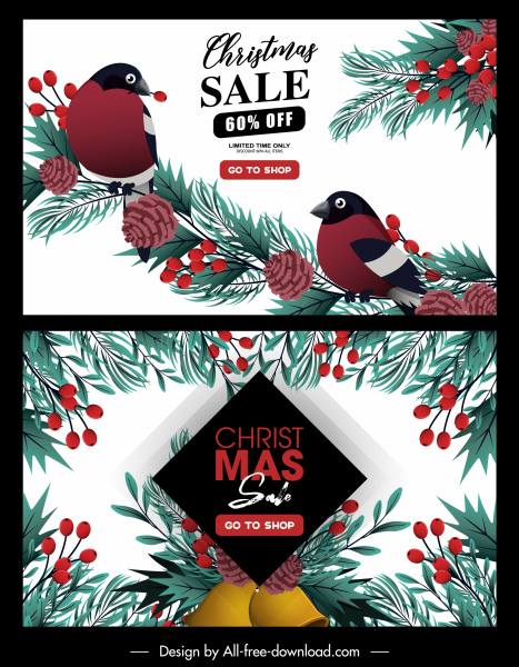 christmas sale posters birds pine tree elements decor