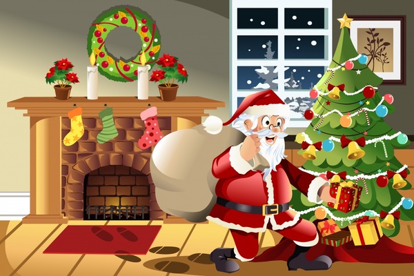 christmas scene background santa deliver gift sketch