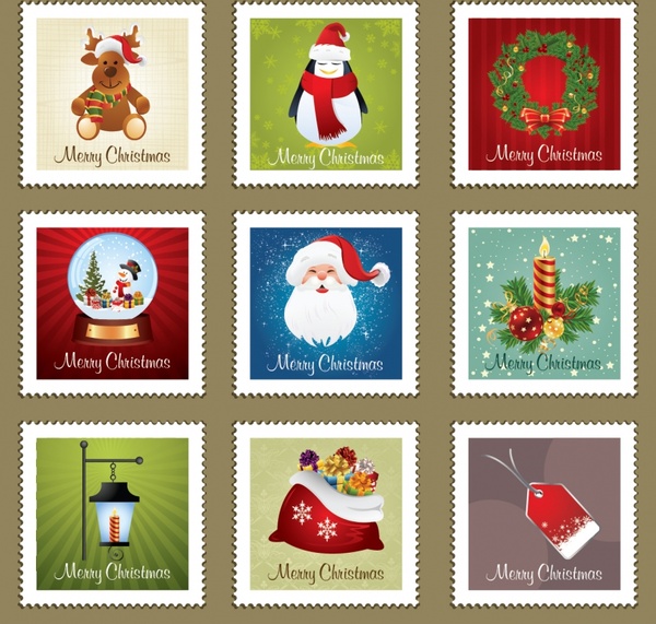 christmas stamps collection colorful symbols decor