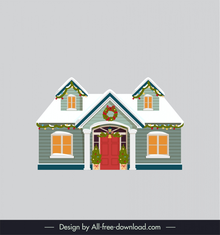 christmas town desing element cute decorated house sketch symmetric classic design 