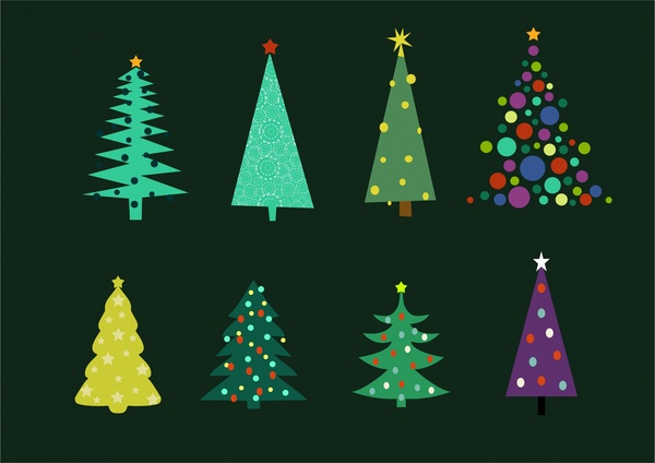 christmas trees collection various shapes on dark background 