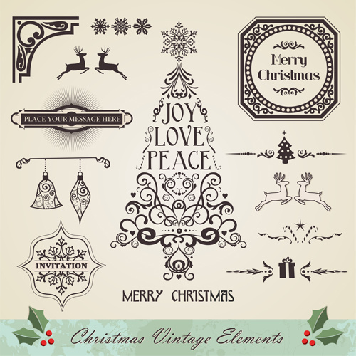 christmas vintage ornaments elements vector set 