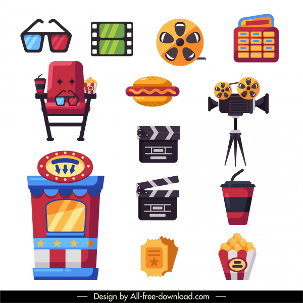 cinema design elements colorful flat symbols sketch