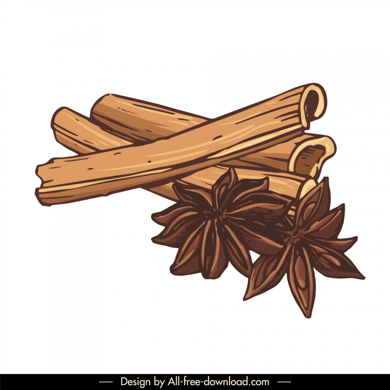 cinnamon star anise ingredients icons classical handdrawn sketch 