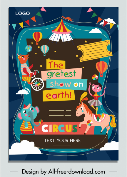circus advertising banner cute colorful cartoon characters sketch