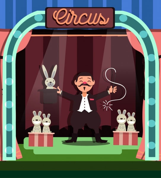 circus background magician rabbit icons colored cartoon