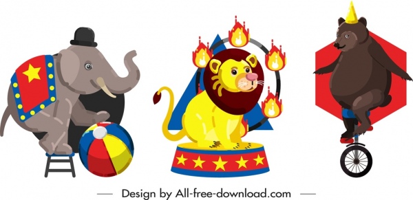 circus design elements elephant lion bear performance icons