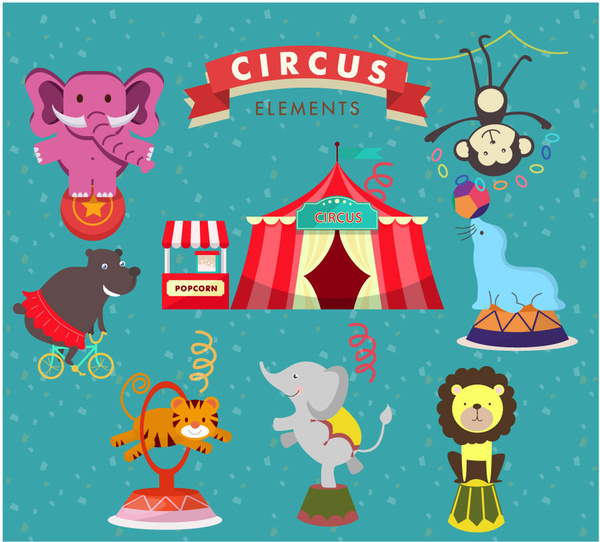 circus elements vector design with cute performing animals